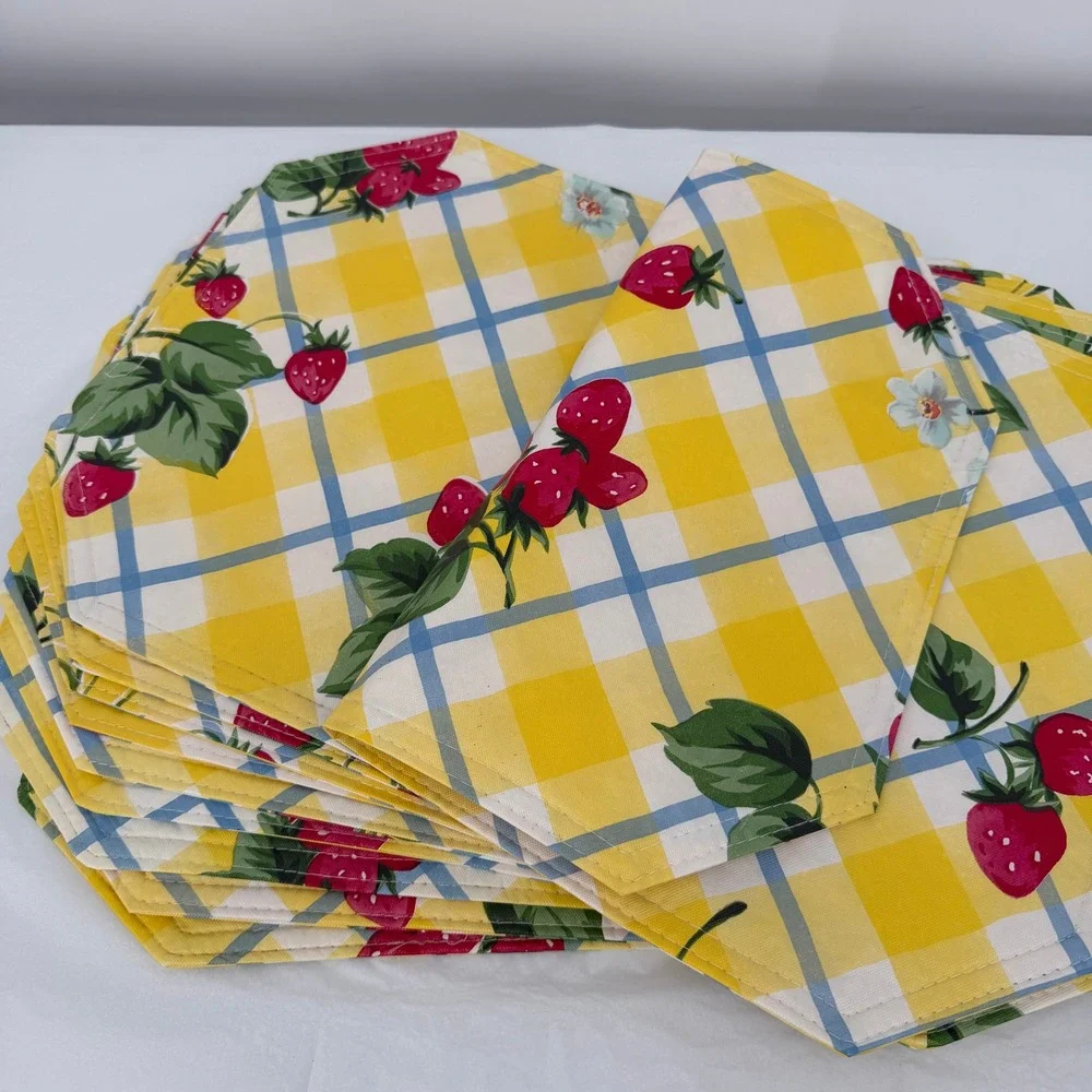 Vinyl Placemats‎ Yellow Gingham Strawberry Print Set of 10 Cottage Core Boho